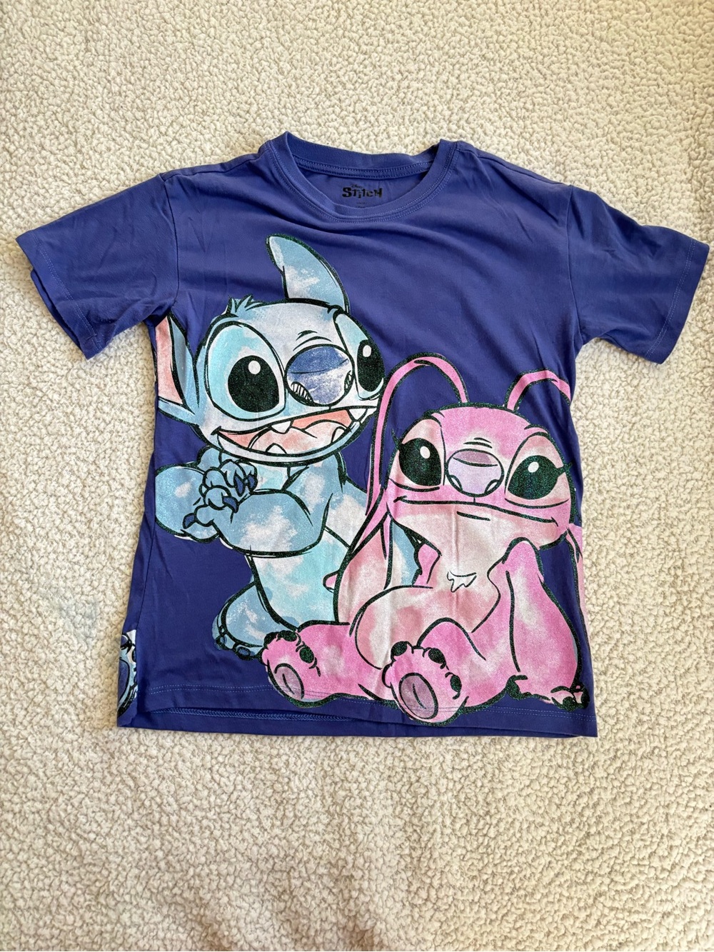 Kids Short-Sleeve Blue Tee with Pink & Light-Blue Stitch Characters